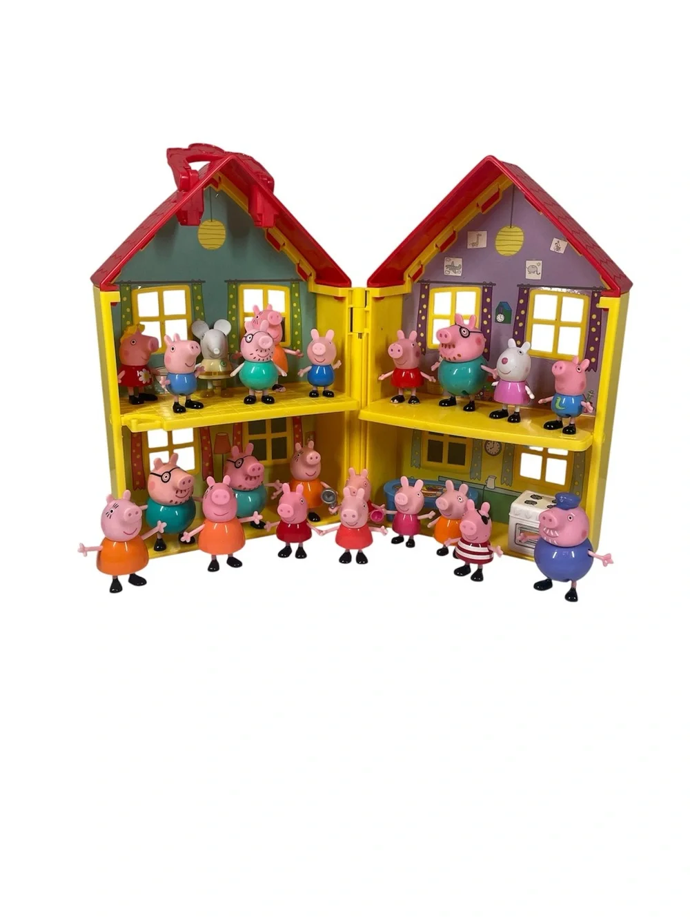 Peppa Pig Fold-N-Carry Yellow House w/ 22 Figurines 2 Furniture Lot Playset